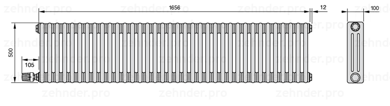 Схема (чертеж) Радиатор Zehnder Charleston 3050/36 №V003 Белый глянцевый RAL 9016